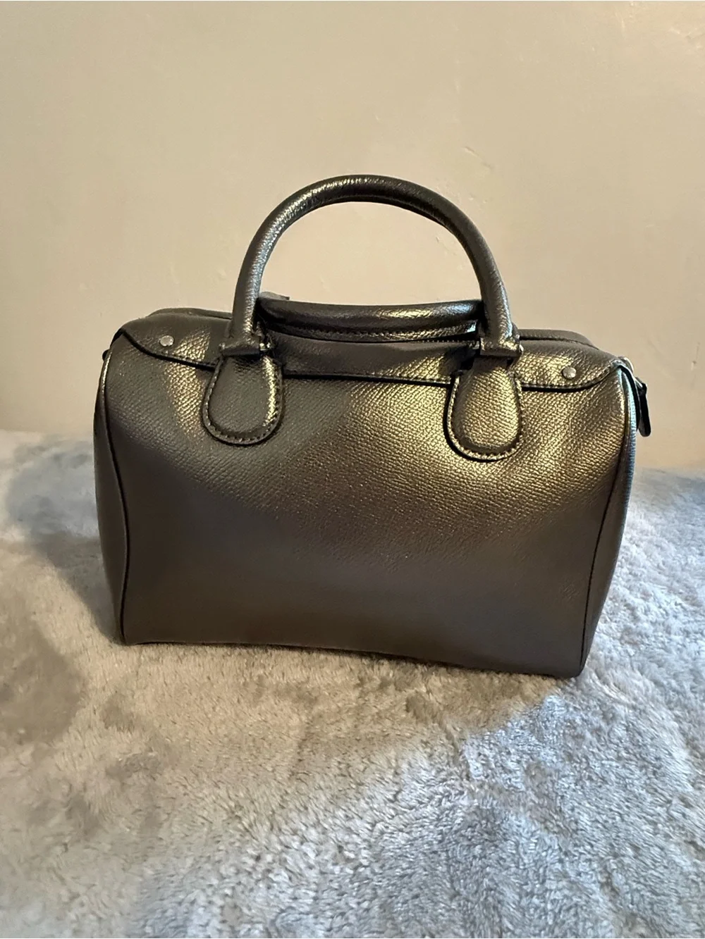 Coach Metallic Pewter Leather Satchel with Crossbody Strap